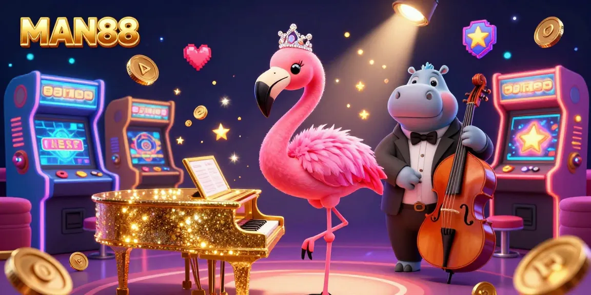 Experience the excitement of MAN88 with stunning casino-themed illustrations featuring a flamingo singer and hippo bassist.