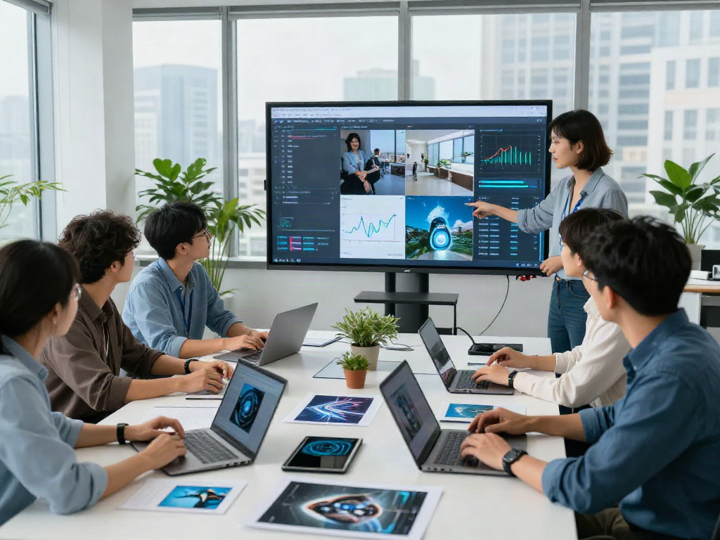 Professionals collaborating on AI Image Detection software in a modern office environment, showcasing analysis of images.