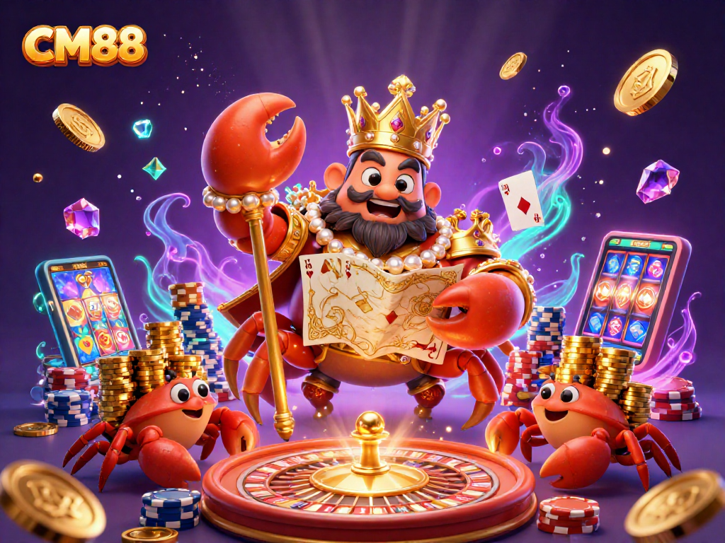 Experience thrilling gameplay at CM88 with a massive golden crab emperor leading in a vibrant casino scene.