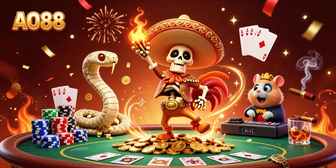 Celebrate wins at AO88 with a playful 3D illustration showcasing vibrant casino elements and characters.