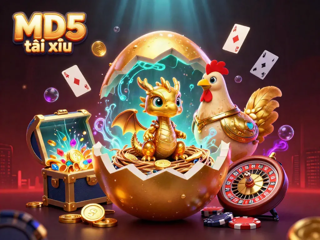 Experience thrilling gameplay with MD5 tài xỉu featuring a golden dragon surrounded by poker chips and casino elements.