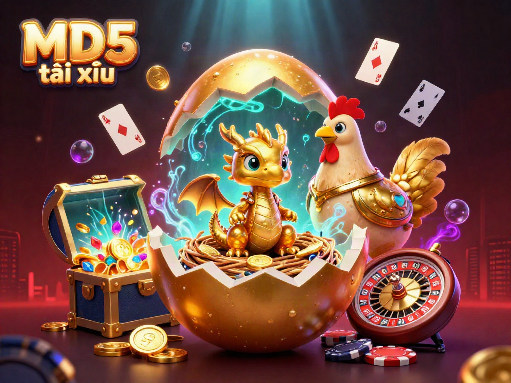 Experience thrilling gameplay with MD5 tài xỉu featuring a golden dragon surrounded by poker chips and casino elements.
