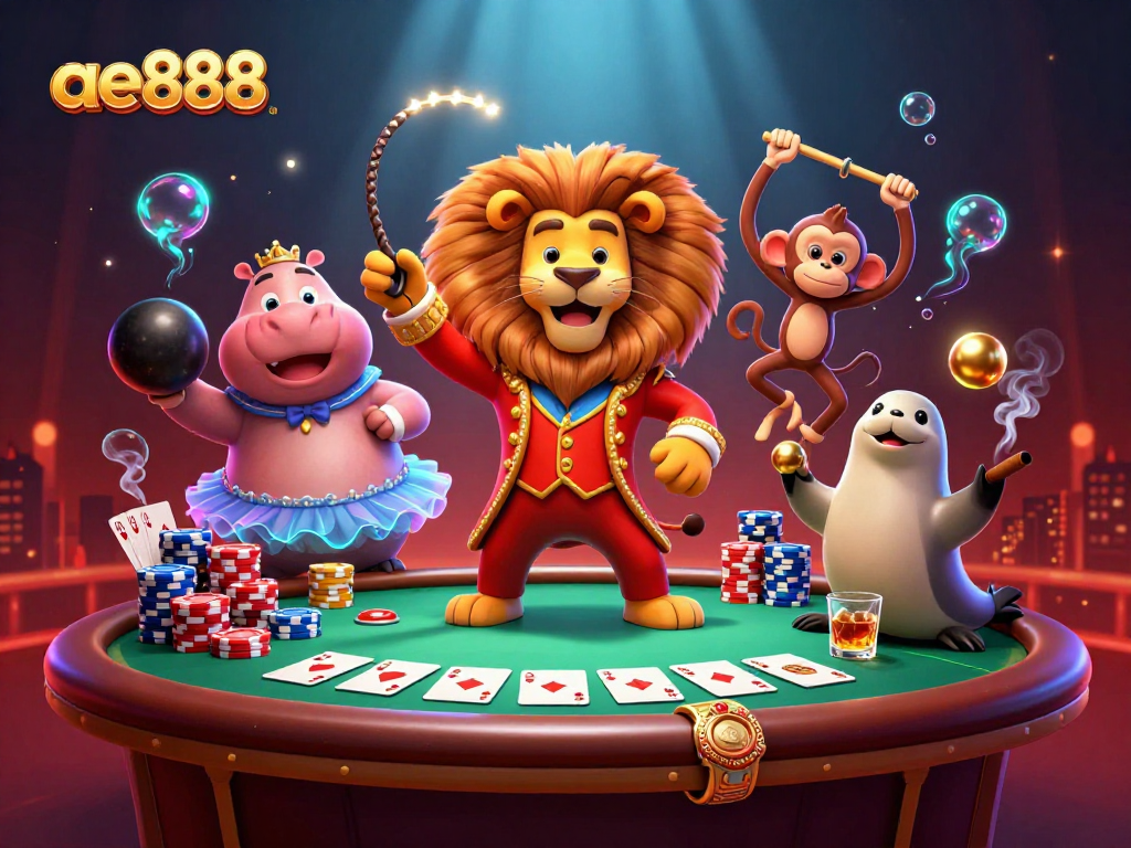Join the excitement at ae888 with lively circus characters surrounding a vibrant poker table.