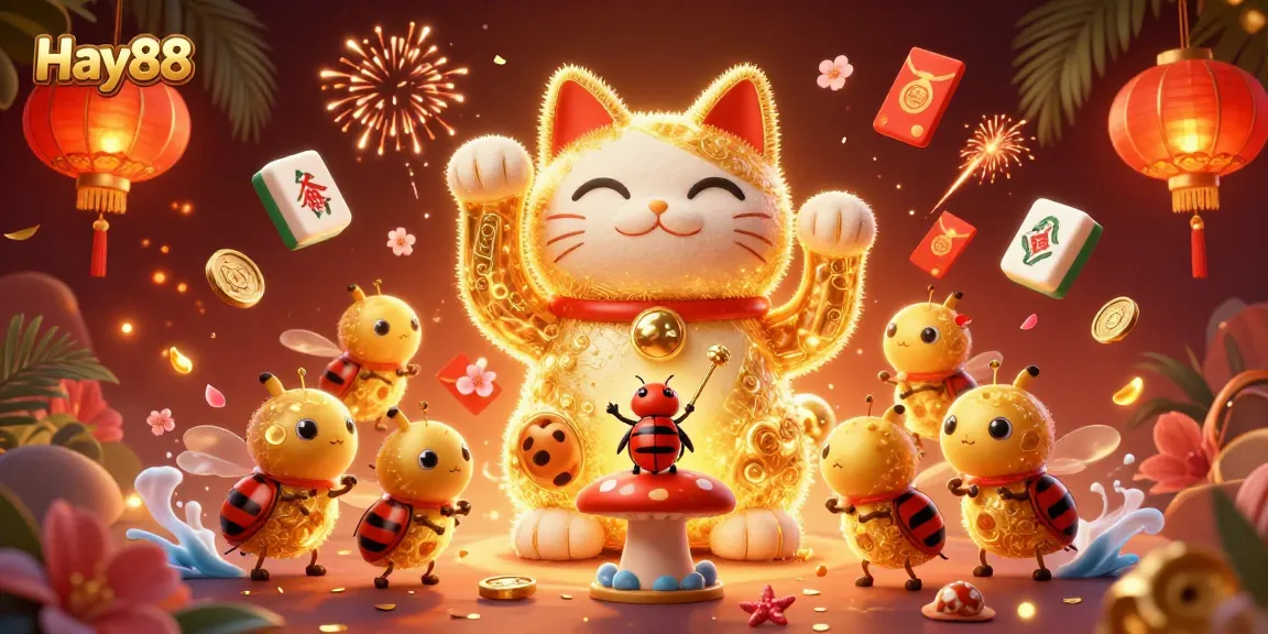 Experience the excitement of Hay88 with a vibrant lucky cat scene filled with casino symbols and festive elements.