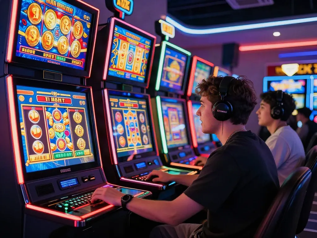 Excited player enjoying slot online gacor at a vibrant casino setup with colorful screens.