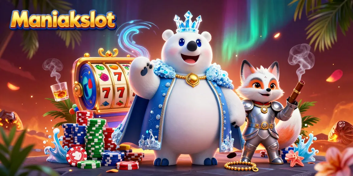 Spin the reels at Maniakslot with a polar bear king and snow fox in an exciting casino scene.