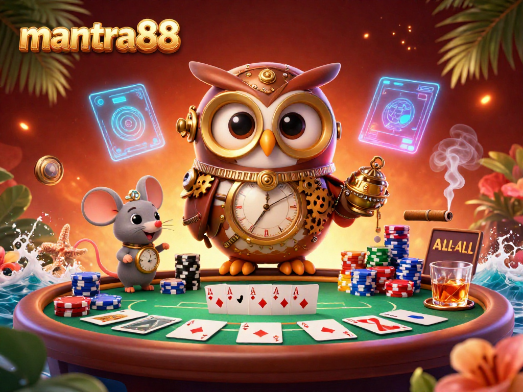 Engage in thrilling gameplay with mantra88 featuring a vibrant 3D casino illustration showcasing poker elements.