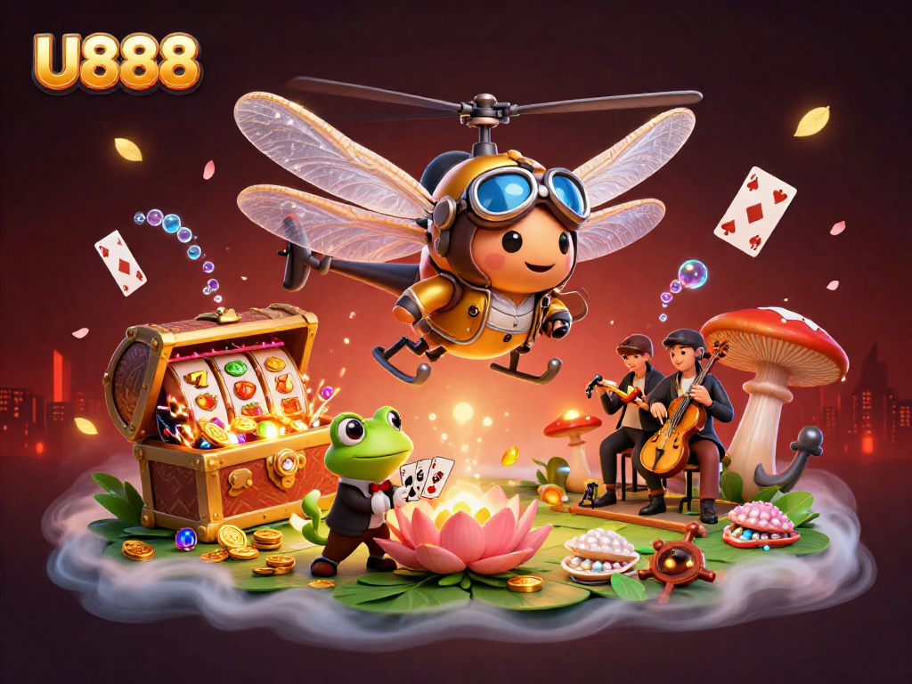 Play poker with U888 at a lively lily pad casino, where frog croupiers deal cards.