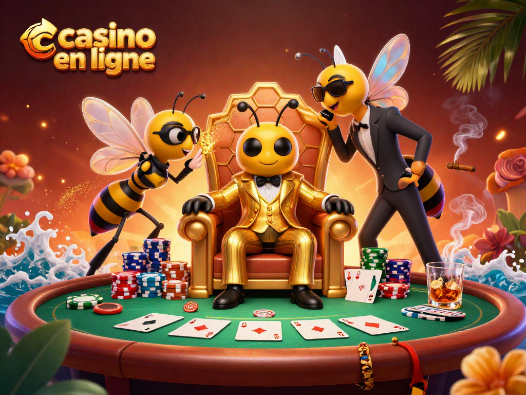 Dans ce casino en ligne, des personnages animés jouent aux cartes, entourés de jetons colorés.