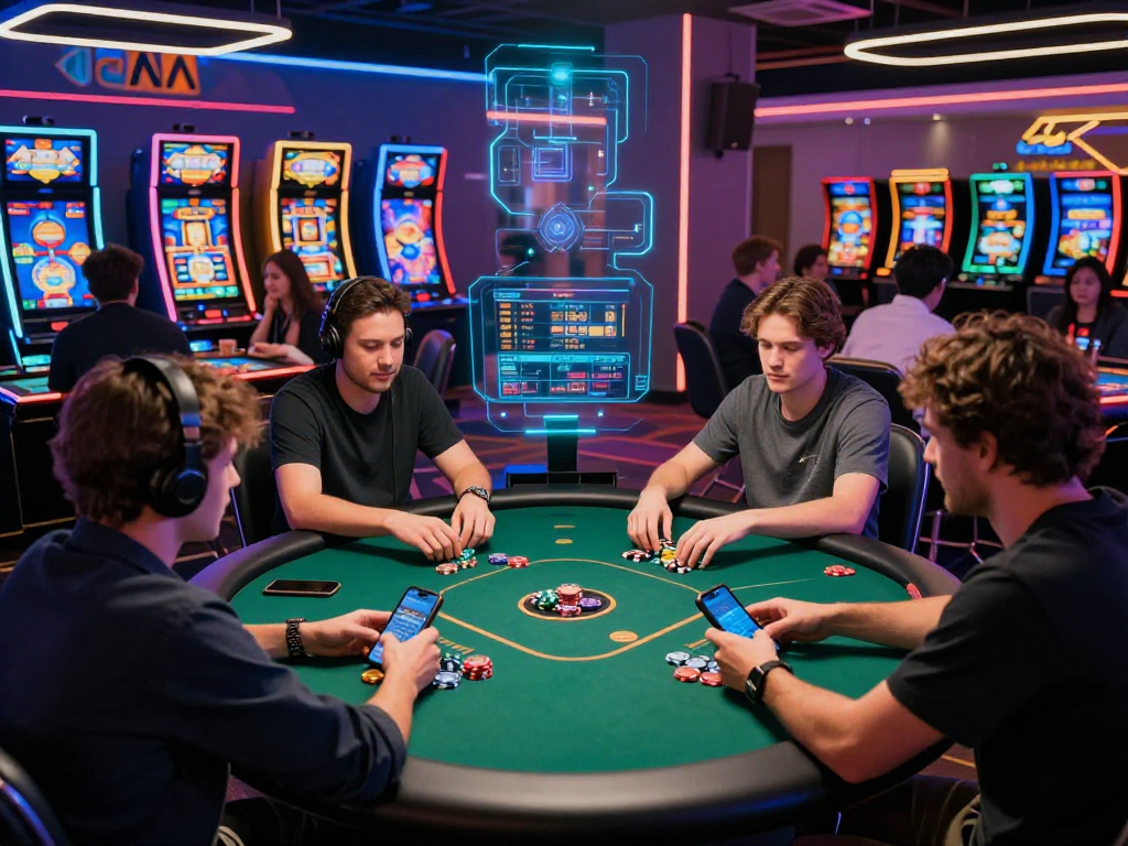 Dynamic crypto casino scene with players engaged in virtual gaming, showcasing high-tech tables and neon lights.