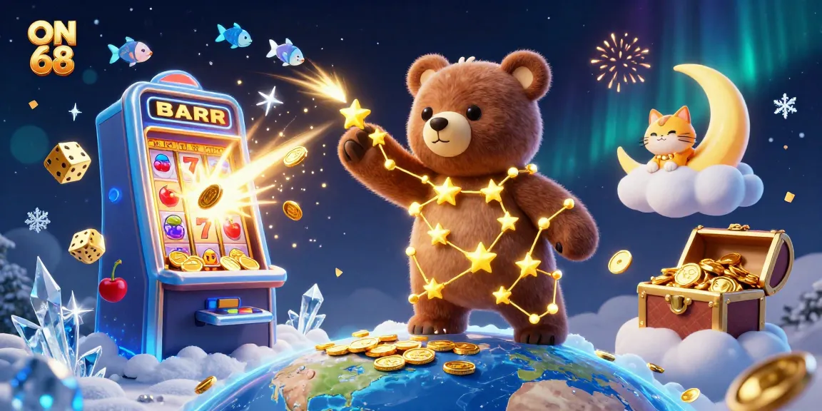 Experience the thrill of gameplay with ON 68's vibrant casino scene filled with rich symbols and golden treasures.