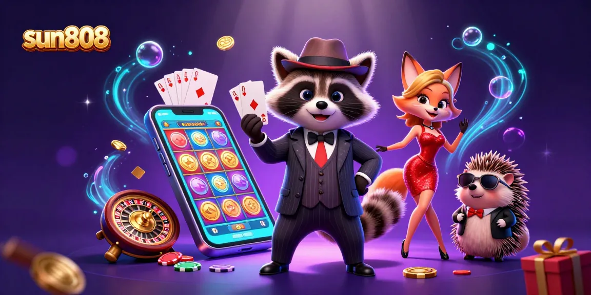 Experience the thrill of sun808 with raccoon and friends holding cards and slots bursting with coins.