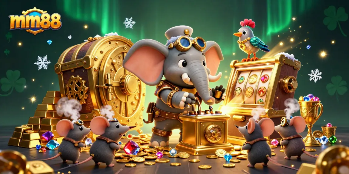 Spin slots and win big with mm88 in a vibrant, detailed casino scene full of treasures.
