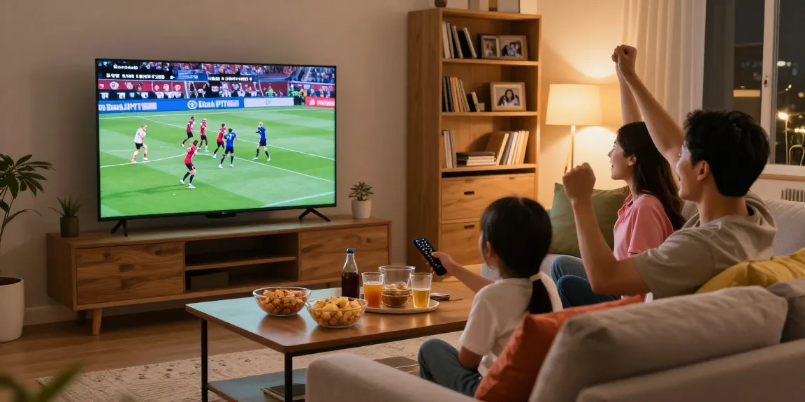 Family enjoying BlueSharkIPTV streaming live sports in a cozy living room