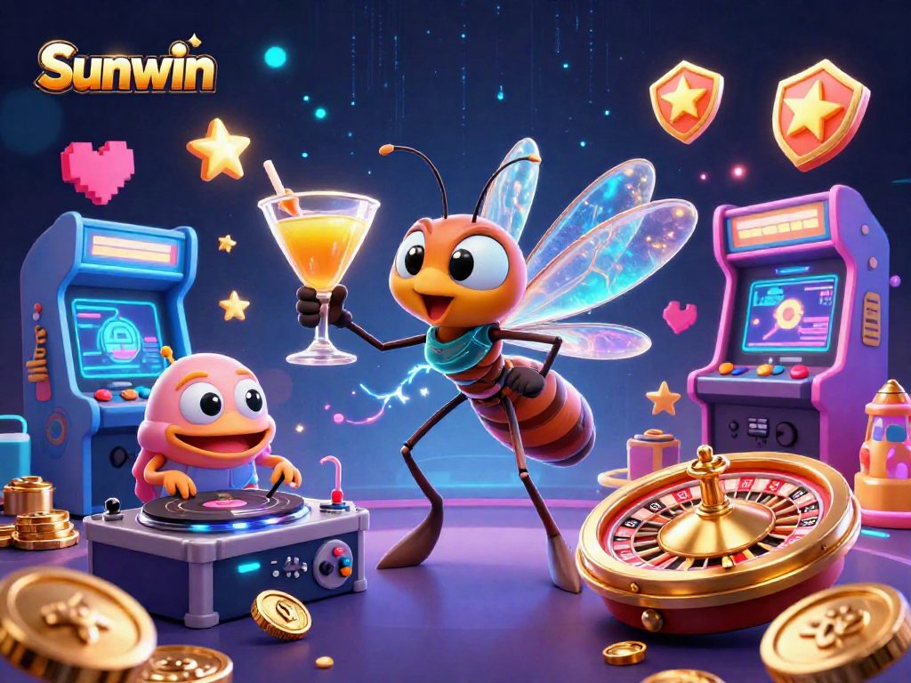 Experience Sunwin's exciting gaming choices with vibrant casino elements and cartoon mascots.