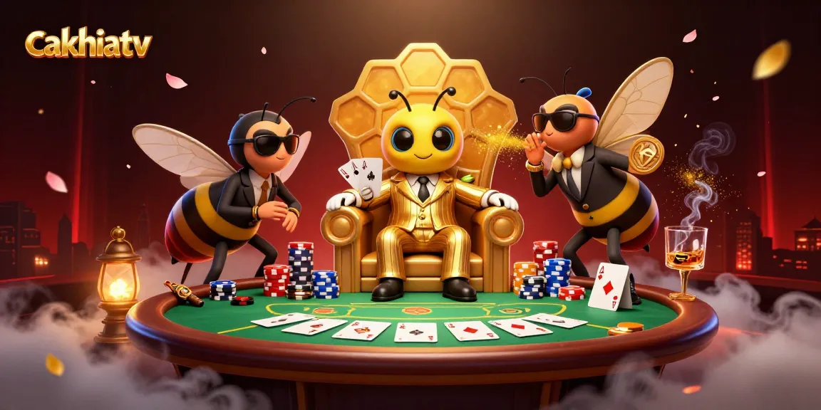 CakhiaTV showcases an exciting poker scene with a mob boss bee in a golden suit surrounded by game elements.