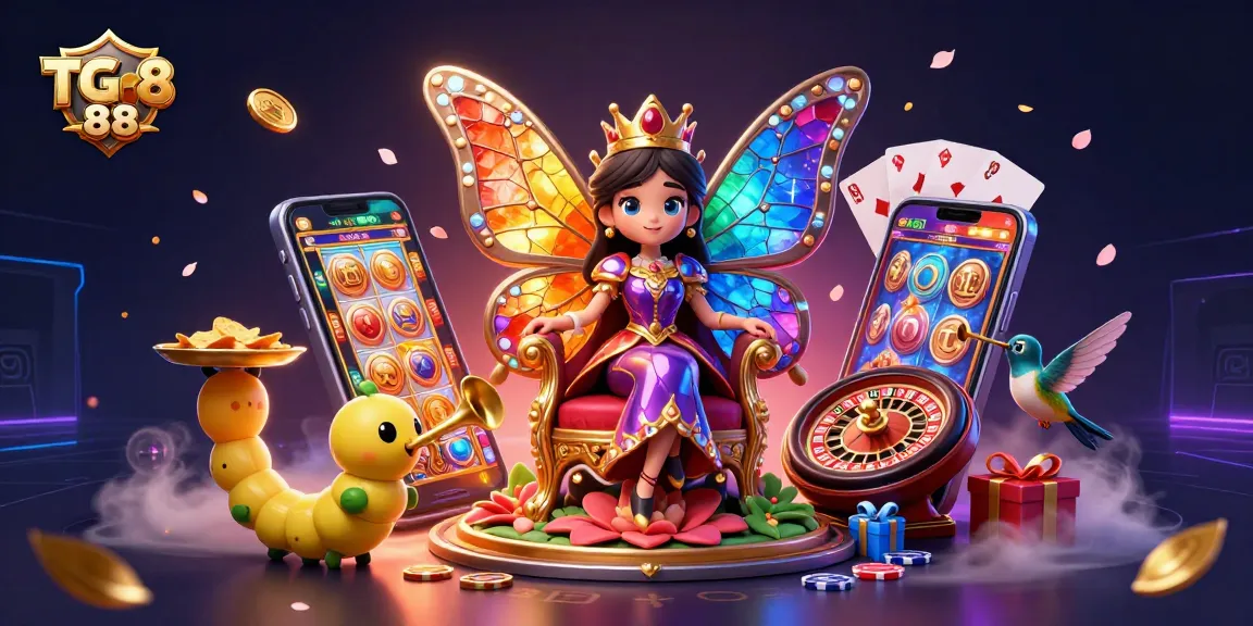 TG88 brings luck in the casino with a vibrant butterfly queen, dazzling game elements, and colorful slot action.