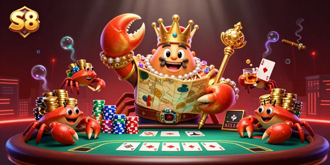 S8 offers a vibrant poker experience with a golden crab emperor leading a treasure hunt for winning hands.