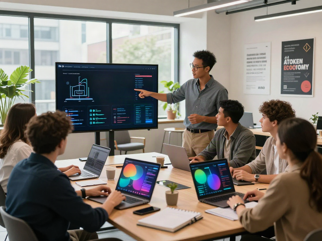 Professionals collaborating in a modern workspace about the AI Token Economy, showcasing innovative technology.