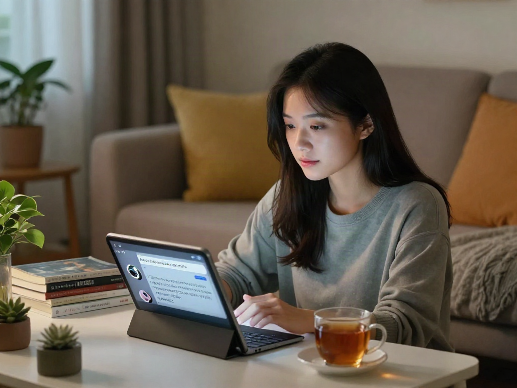 Young woman exploring emotional conversations with her girlfriend AI on a tablet at home.