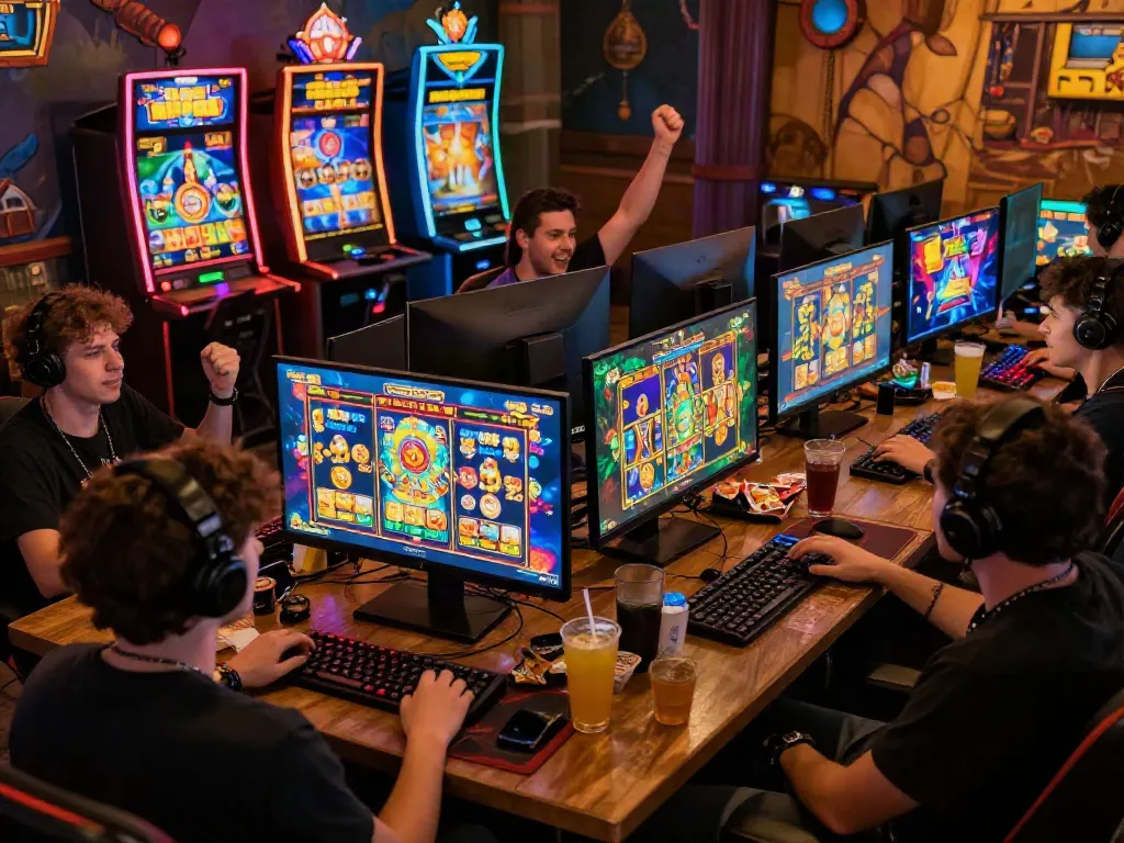 Players enjoying engaging slot games on computers in an exciting gaming atmosphere
