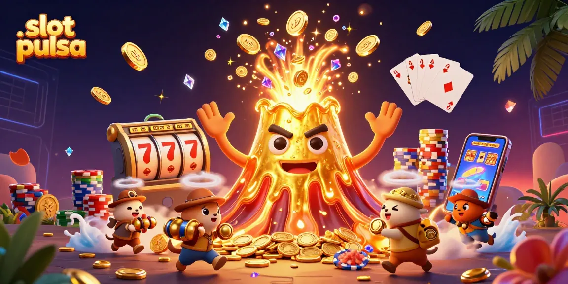 Experience thrilling action at slot pulsa with a golden volcano erupting treasures in this vibrant casino scene.