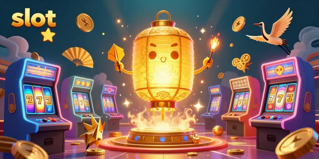 Menangkan permainan slot dengan nuansa kasino yang meriah, berisi simbol keberuntungan dan mesin permainan.