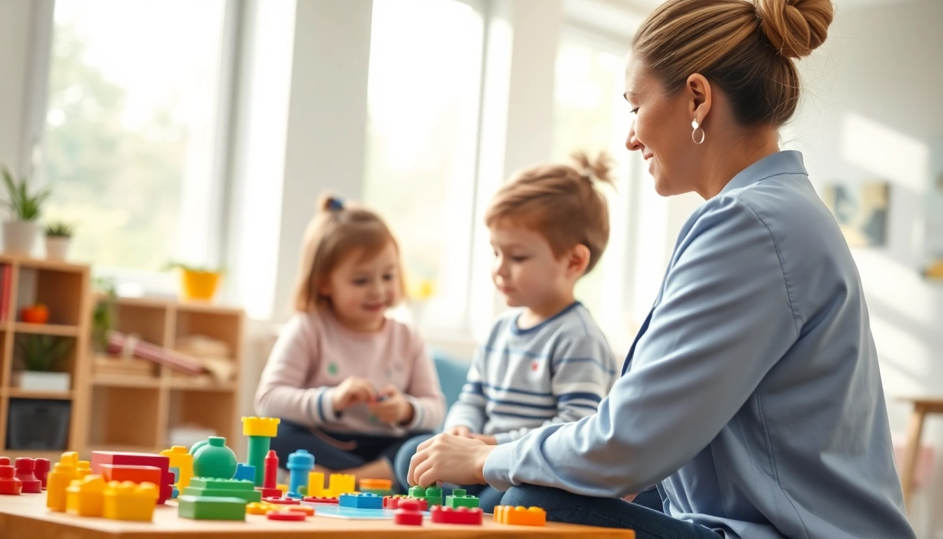 Engaged Autism Therapy session showcasing a therapist and a child playing with colorful toys.