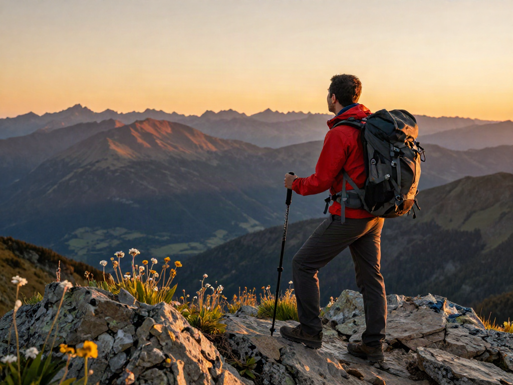 Hiker admiring panoramic view of mountains at sunset, exploring slot qris 5k trails.