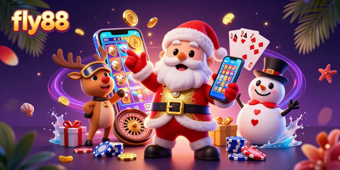 Fly88 slots experience with Santa and friends celebrating jackpots in an engaging casino scene.