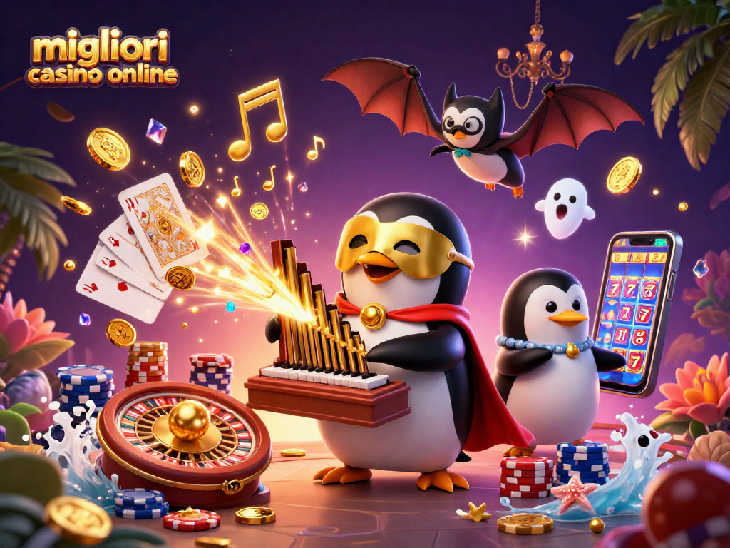Migliori casino online: un pinguino fantasma suona un organo dorato che spara monete, circondato da simboli di gioco.