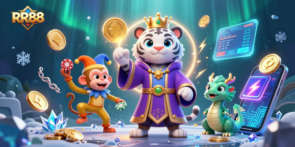 Experience the vibrant RR88 casino atmosphere with lively characters illustrating exciting games and crypto elements.