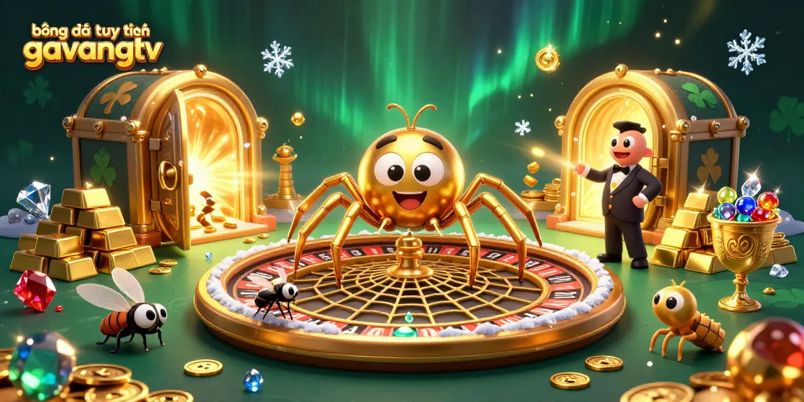 Bóng đá trực tuyến gavangtv features a golden spider and centipede croupier in a vibrant gambling scene.