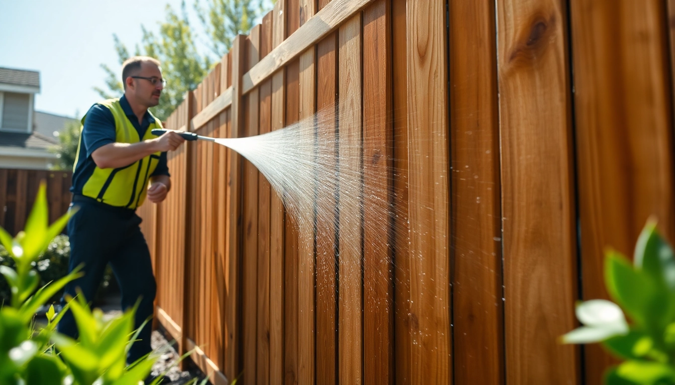 Technician performing Fence Cleaning on a wooden fence in a bright suburban setting.