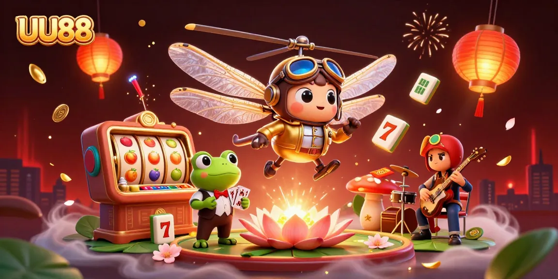 UU88 slots come alive in this vibrant 3D scene with a dragonfly pilot and jazz-playing frogs.