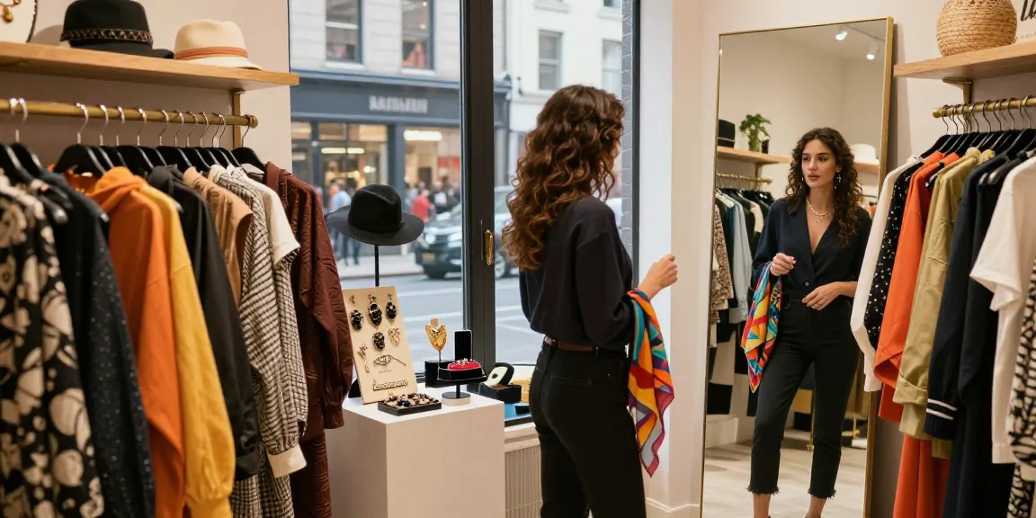 Consulente d'immagine mentre prova abiti in una boutique alla moda, esprimendo il suo stile unico.