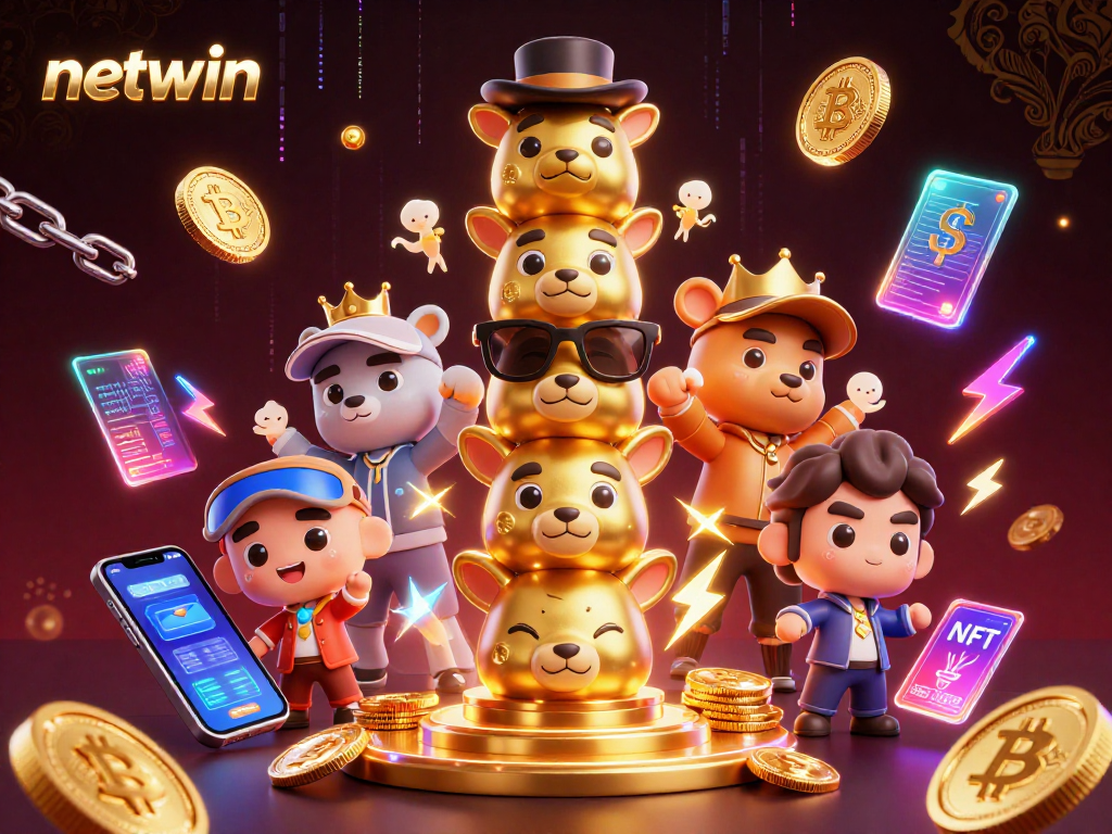 Experience the excitement of netwin with vibrant 3D casino illustrations featuring crypto elements.