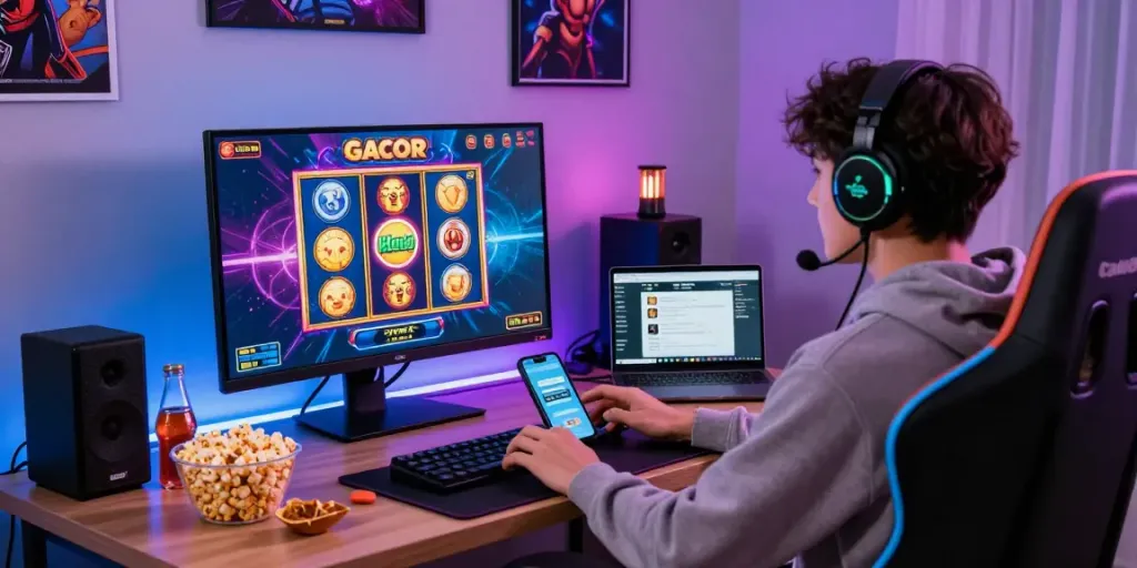 Player engaging with slot gacor game on gaming monitor with vibrant graphics and gaming snacks.