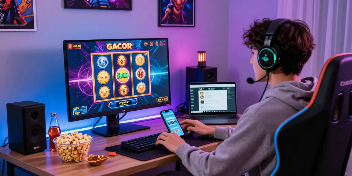 Player engaging with slot gacor game on gaming monitor with vibrant graphics and gaming snacks.
