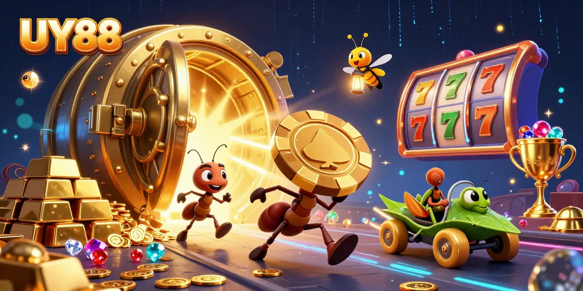 Experience thrilling action at UY88 with cartoon ants in a heist scene filled with golden treasures and gaming elements.