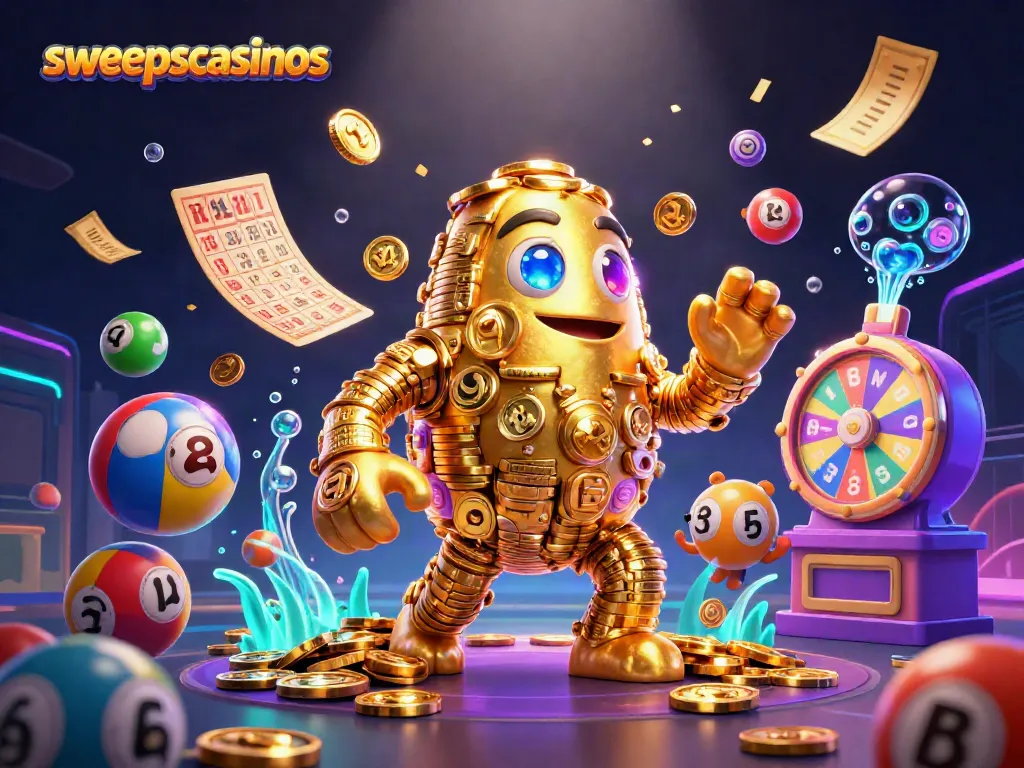 Win big with sweepscasinos in a vibrant 3D casino illustration packed with action.