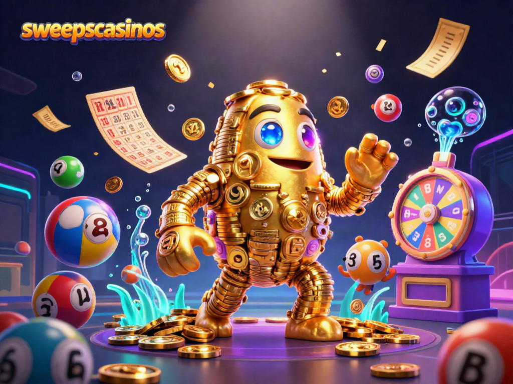 Win big with sweepscasinos in a vibrant 3D casino illustration packed with action.