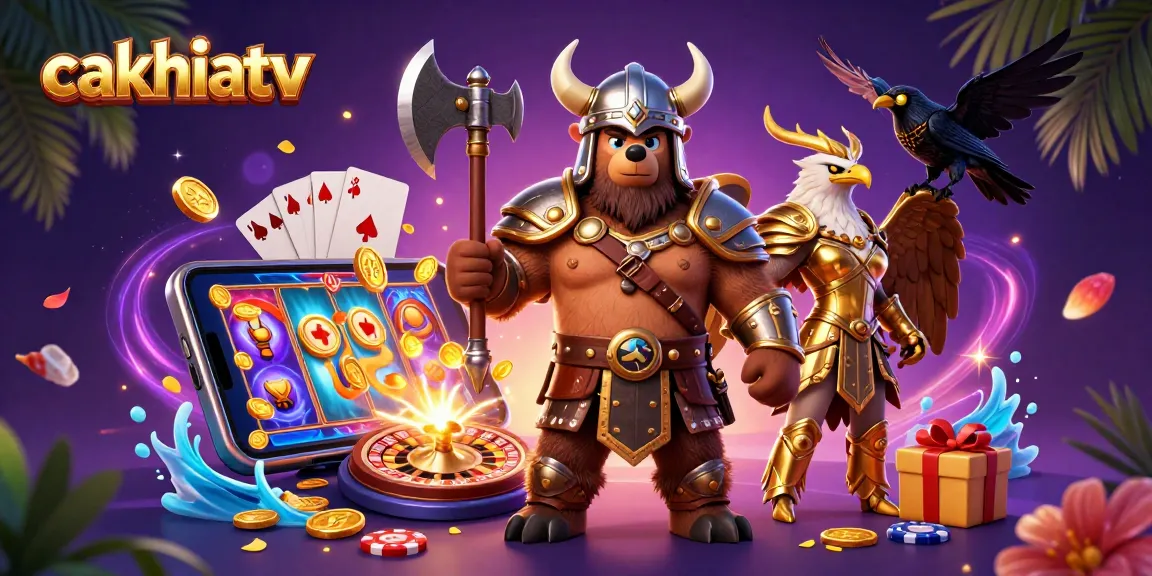 Cakhiatv offers thrilling slot game action with Viking and eagle characters in a colorful casino setting.