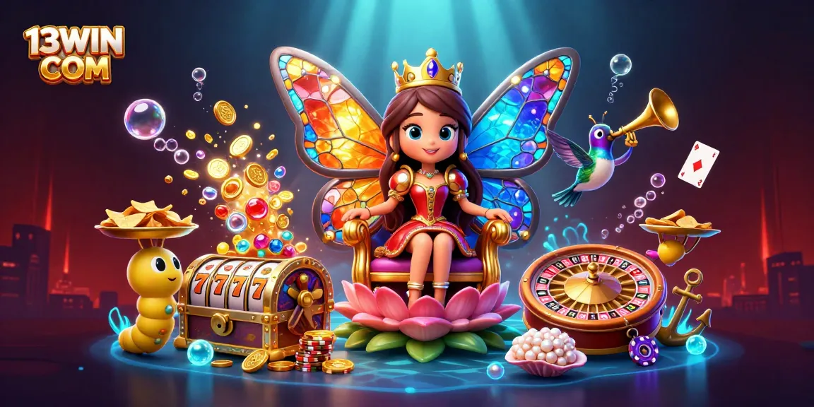 Experience thrilling wins with 13WIN COM as the butterfly queen oversees a vibrant casino scene with riches and gaming excitement