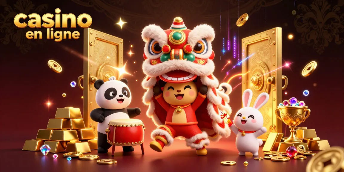 casino en ligne : Lion dansant et panda au milieu de trésors dorés et de joyaux éblouissants.