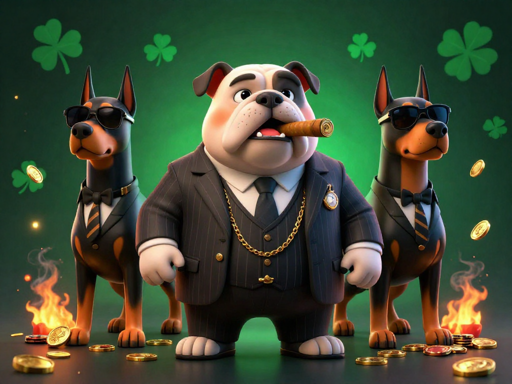 Casino en ligne : un bulldog mafieux accompagné de dobermans entourés de jetons d'or.