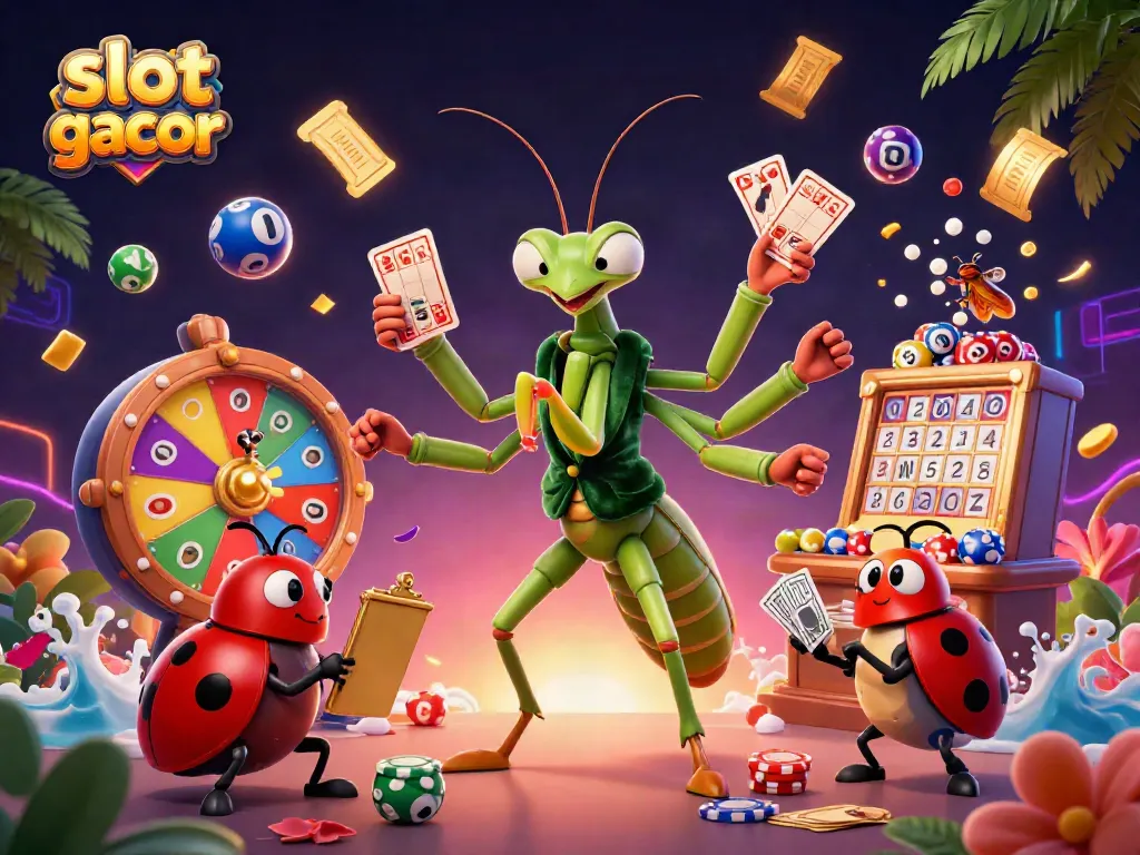 Experience excitement with slot gacor game elements featuring card shuffling mantis and dynamic lottery effects.