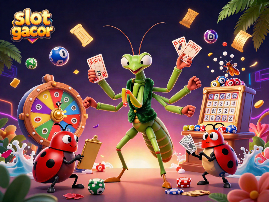 Experience excitement with slot gacor game elements featuring card shuffling mantis and dynamic lottery effects.
