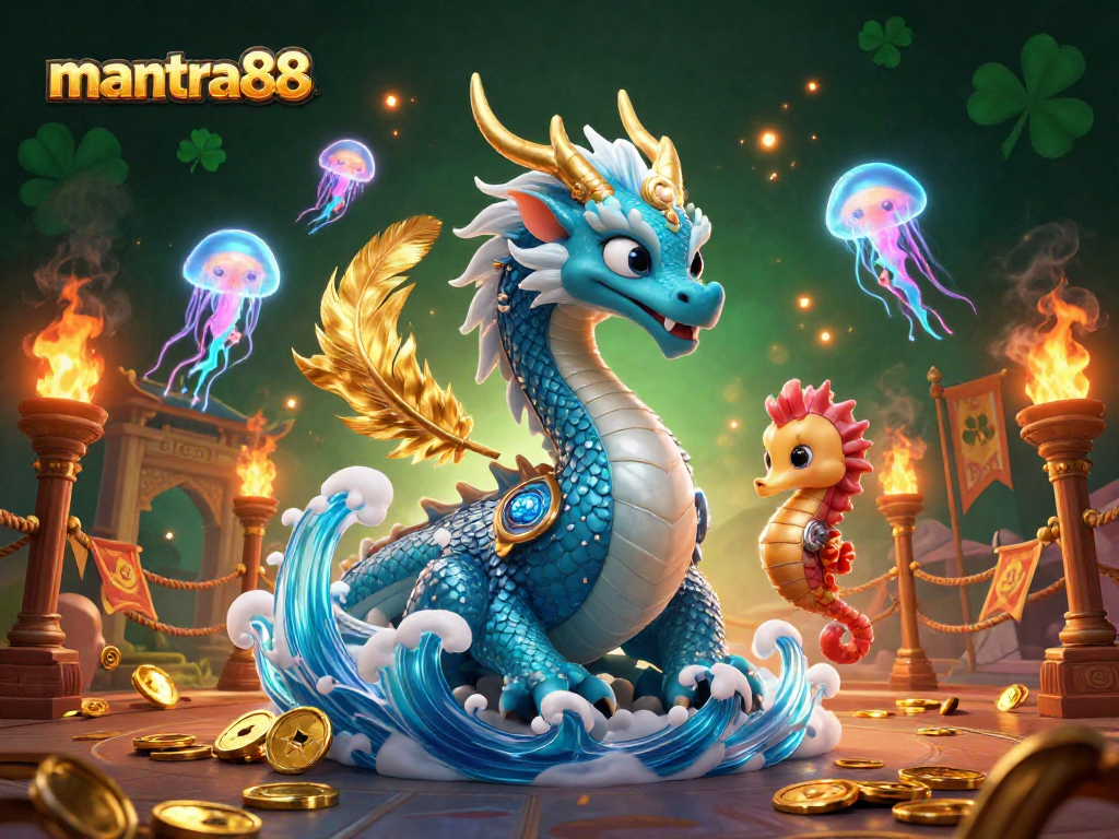Play slots with mantra88 for big wins, featuring a dragon, knight, and jellyfish in a vibrant casino scene.