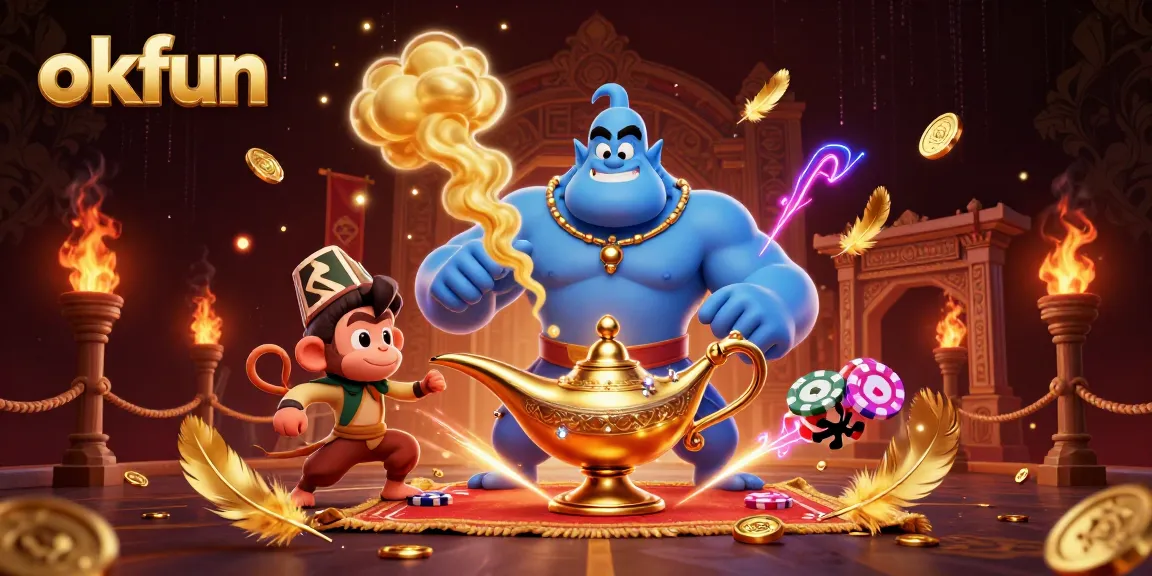 Bet on exciting games with okfun as a genie rises from a lamp, surrounded by vibrant casino elements.